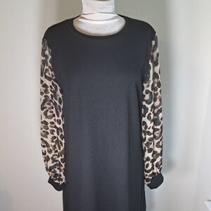 Grace & Emma Women’s Dress Black Thermal Leopard Chiffon Sleeves Waffle Knit XL